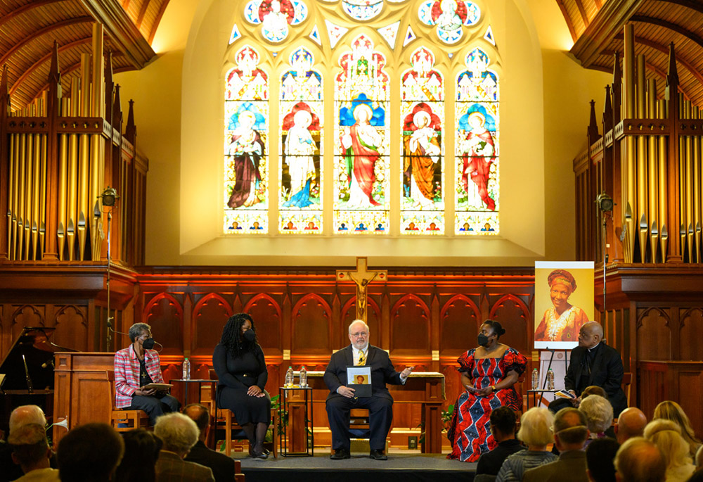 From left: Sr. Patricia Chappell; history professor Shannen Dee Williams; moderator John Carr; Ogechi Akalegbere; and Cardinal Wilton Gregory of Washington, participate in a panel May 3 at Georgetown University on Sr. Thea Bowman. (Georgetown University)