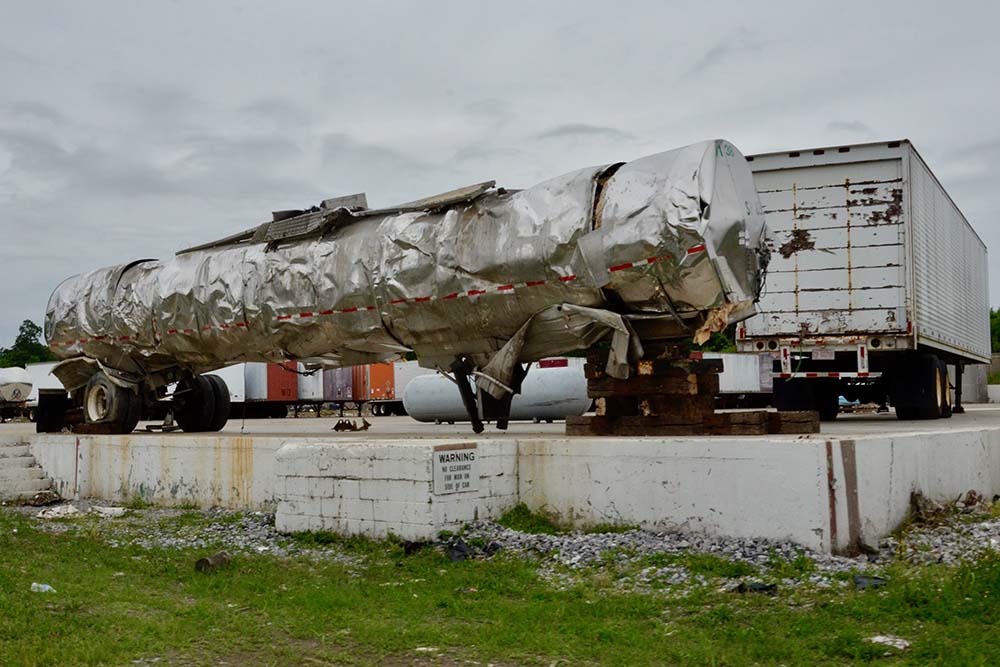A tanker damaged by the Dec. 10 tornado in Mayfield, Kentucky, sits in a parking lot May 23 in Mayfield. (GSR photo/Dan Stockman)