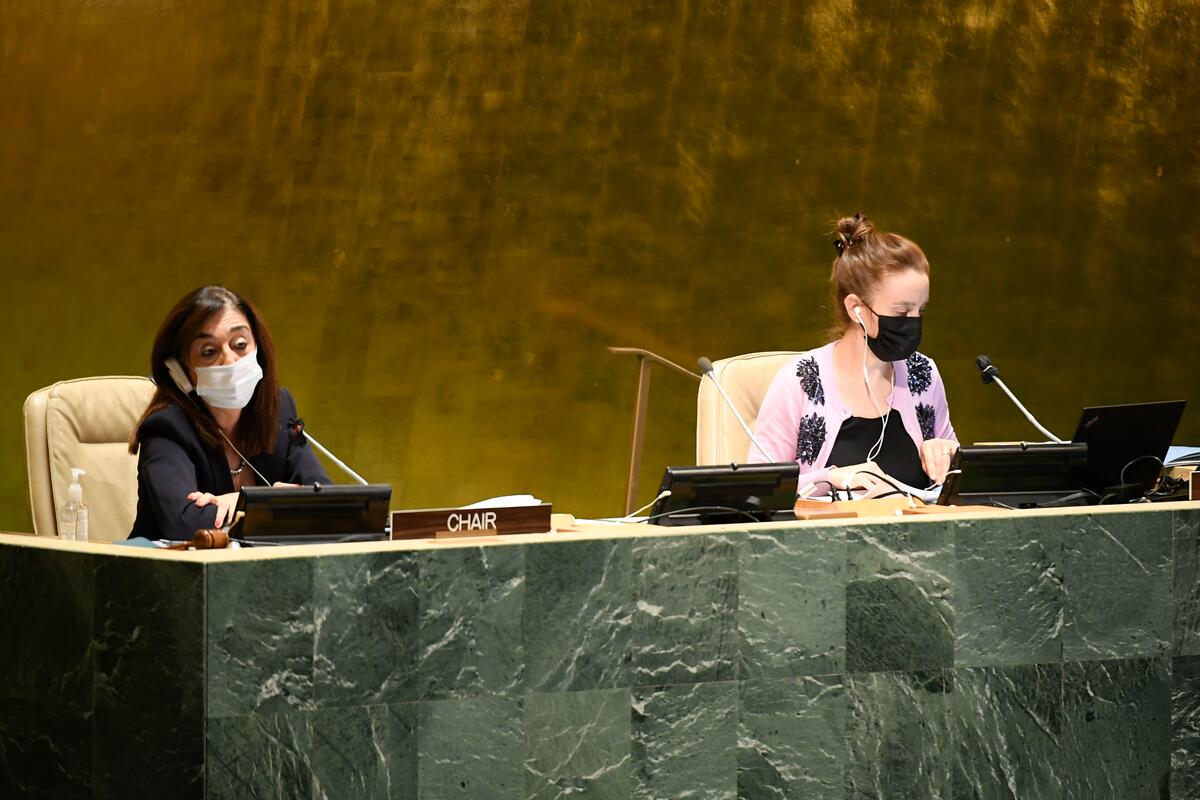 María del Carmen Squeff, left, permanent representative of Argentina to the United Nations, chairs the opening of the 59th Commission for Social Development. (United Nations photo) María del Carmen Squeff, left, permanent representative of Argentina to the United Nations, chairs the opening of the 59th Commission for Social Development. (United Nations photo)
