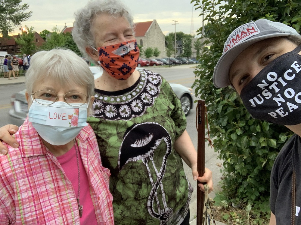 Ursuline Sr. Angela Fitzpatrick, Ursuline Sr. Michele Morek and Ursuline associate Renee Schultz take a selfie at the Juneteenth Pray on Troost event in Kansas City, Missouri.