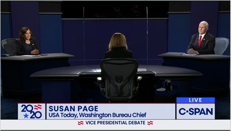 The vice presidential debate between Sen. Kamala Harris and Vice President Mike Pence was moderated by USA Today Washington Bureau Chief Susan Page. (NCR screenshot)