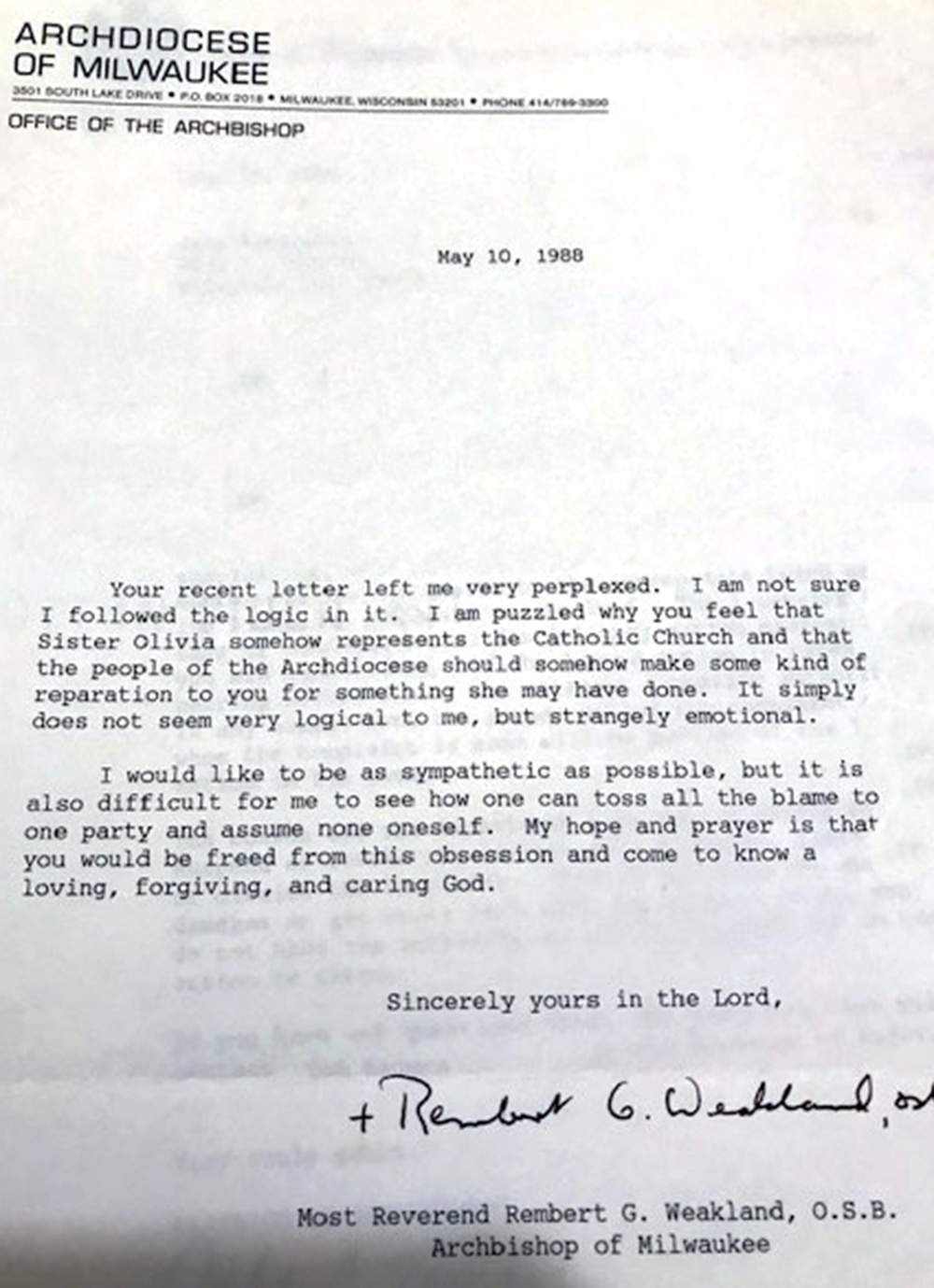 A 1988 response to Becky Starr from Milwaukee Archbishop Rembert Weakland regarding her abuse allegations against School Sister of Notre Dame Sr. Mary Olivia Reindl. (Provided photo, with Starr's real name removed for privacy)