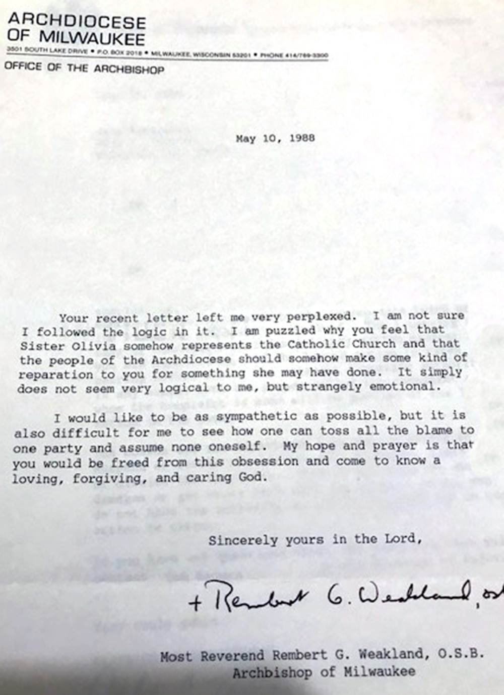 A 1988 response to Becky Starr from Milwaukee Archbishop Rembert Weakland regarding her abuse allegations against School Sister of Notre Dame Sr. Mary Olivia Reindl. (Provided photo, with Starr's real name removed for privacy) A 1988 response to Becky Starr from Milwaukee Archbishop Rembert Weakland regarding her abuse allegations against School Sister of Notre Dame Sr. Mary Olivia Reindl. (Provided photo, with Starr's real name removed for privacy)