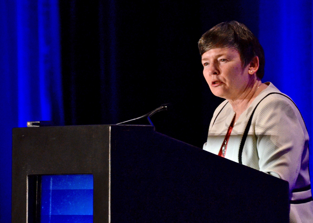 Holy Cross Sr. Sharlet Wagner, then president of the Leadership Conference of Women Religious, gives the presidential address Aug. 15, 2019, at the organization's annual assembly, in Scottsdale, Arizona. (GSR photo/Dan Stockman)