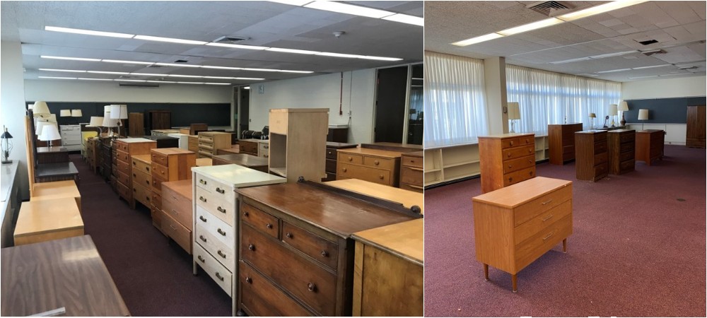 Bedroom furniture lined up to be sold (left) and what remained of the bedroom furniture (right) after the Sisters of Mercy's estate sale at their Farmington Hill, Michigan, headquarters (Courtesy of the Sisters of Mercy)