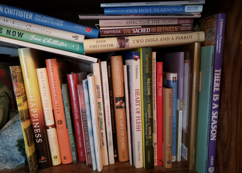 My bookshelf with books by and about Benedictine Sr. Joan Chittister (Jane Marie Bradish)