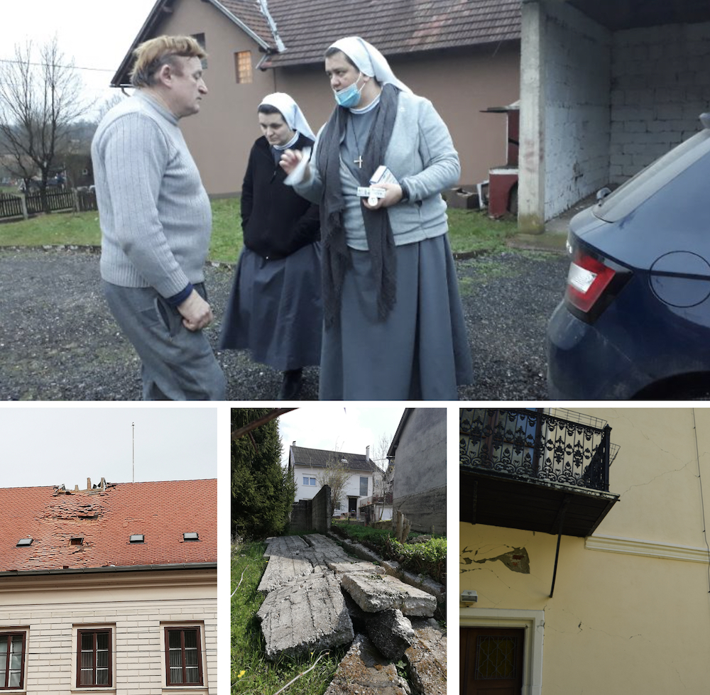 Top: Sisters of Mercy of the Holy Cross bring medicines to people who are isolated by the pandemic and also recovering from the Dec. 29, 2020, earthquake in Sisak, Croatia. Bottom: Convents in Zagreb, Croatia, were damaged in the March 22, 2020, earthquak