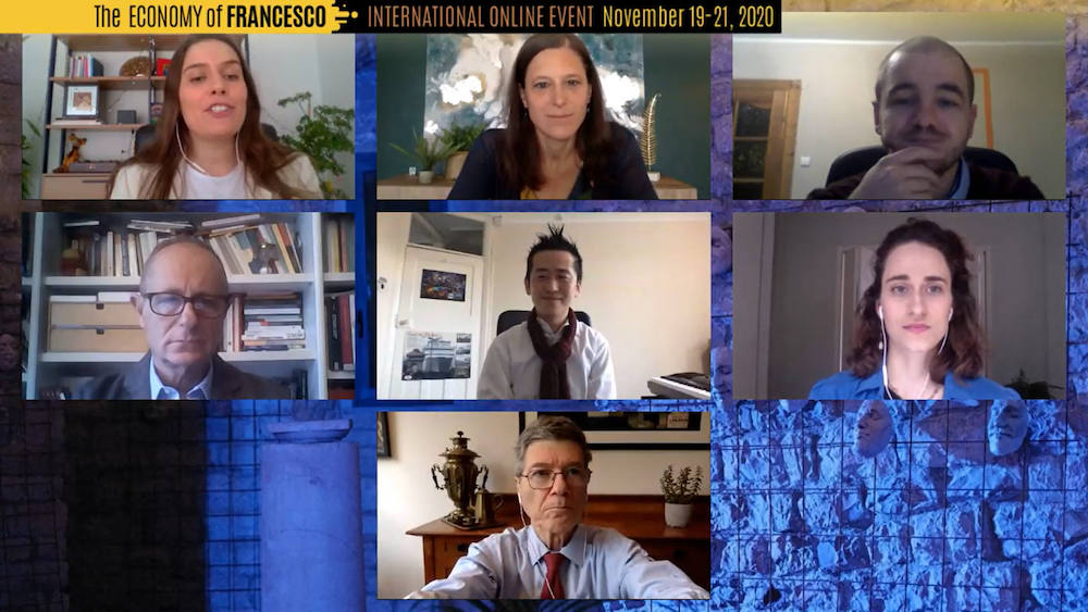 Panel discussion on Nov. 19, the first day of the Economy of Francesco conference (NCR screenshot)