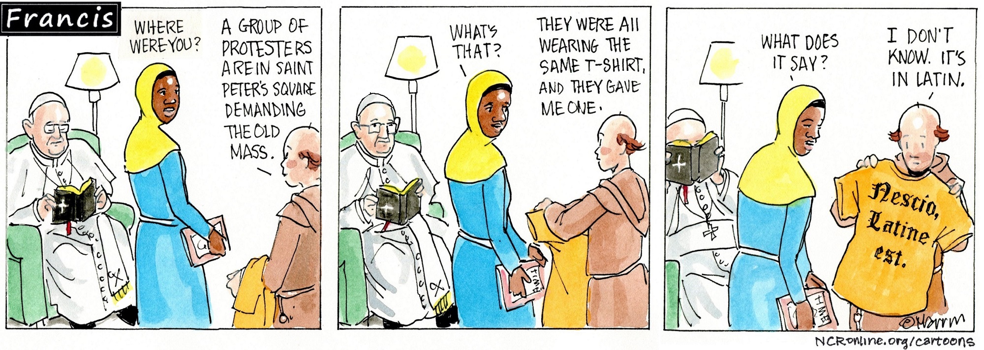 Francis, the comic strip: Language lessons with Brother Leo.