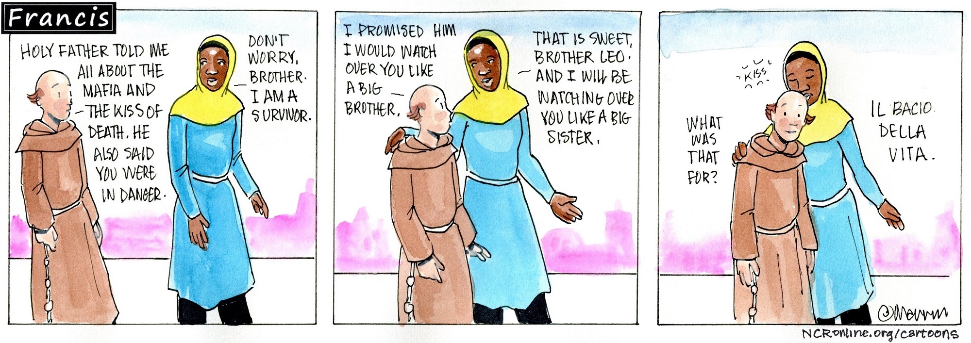 Francis, the comic strip: Gabby and Brother Leo look out for each other.