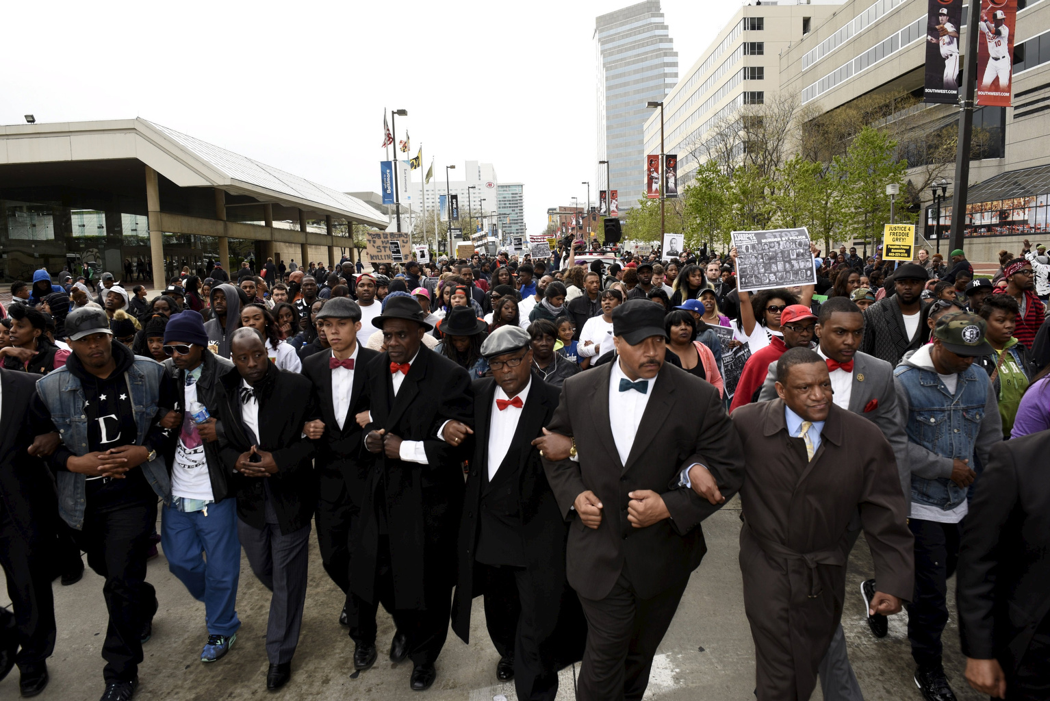 Demonstrators march to City Hall on April 25, 2015, to protest the death of Freddie Gray in Baltimore.