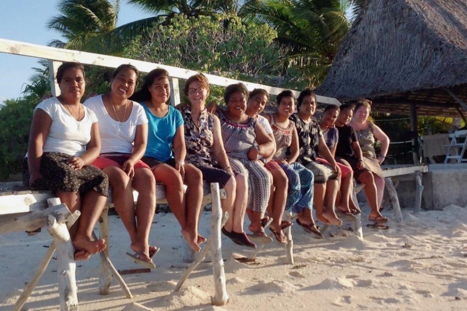 A group of young Good Samaritan sisters on a Kiribati beach.