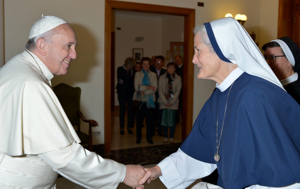 CMSWR chair Sister of Life Mother Agnes Mary Donovan in Rome with Pope Francis in 2014 (Provided photo)