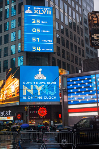 Promotions for Super Bowl XLVIII, to be held at MetLife Stadium in East Rutherford, N.J., Feb 2, are seen in Times Square in New York Dec. 29. (Newscom/Richard B. Levine)