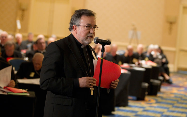 Bishop Jaime Soto comments on a proposed message on the economy during the U.S. bishops’ annual fall meeting in Baltimore Nov. 13. (CNS/Nancy Wiechec)
