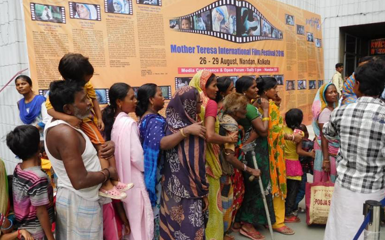 People line up to attend the Mother Teresa Film Festival in Kolkata, which opened Aug. 26, Mother Teresa's birthday. (GSR/Julian S. Das)