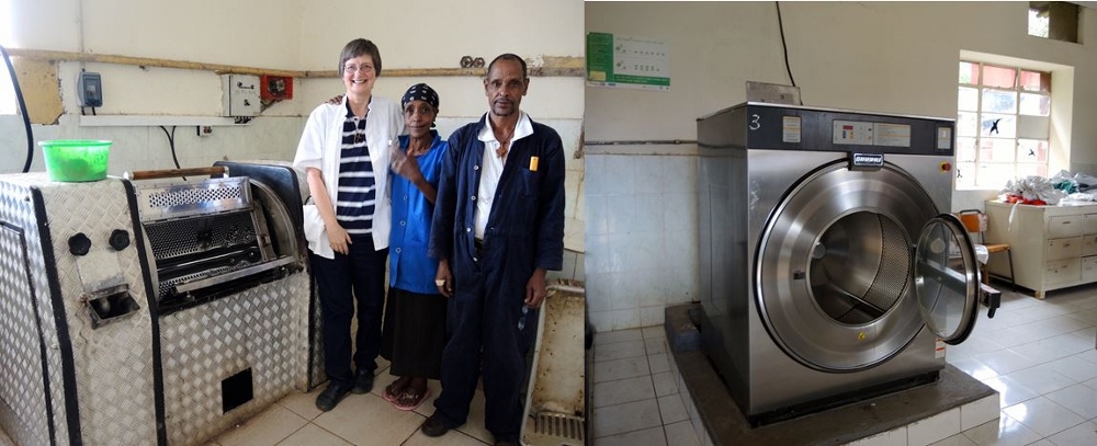 Left: Dr. Sr. Rita Schiffer with cleaning staff next to the first washing machine purchased for the hospital in 1967, which came from Germany. It is still in operation. Right: The newest models, right purchased last year, are out of commission due to technical problems. (GSR photo / Melanie Lidman)