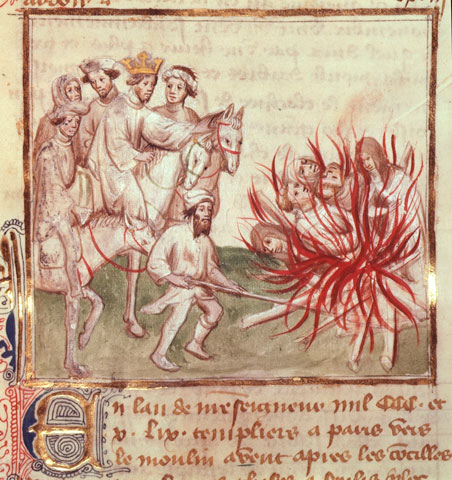 In the early 14th century, Templars accused of sodomy and heresy are burned alive under the eye of French King Philip IV, in an illumination from the 15th-century Grandes Chroniques de France. (Newscom/British Library/akg-images)