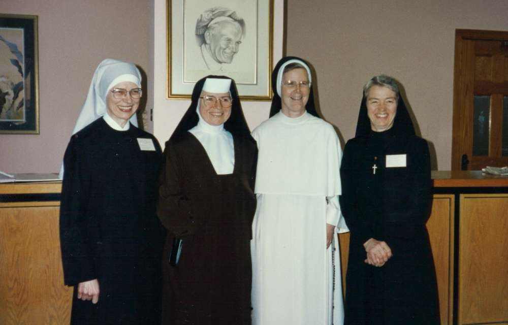 The four founding officers of the Council of Major Superiors of Women Religious at its first national assembly in 1992. From left: Little Sister of the Poor Sr. Mary Bernard Nettle; Carmelite Sister of the Most Sacred Heart of Los Angeles Sr. Vincent Marie Finnegan; Dominican Sister of St. Cecelia Sr. Christine Born; and Mother Mary Quentin Sheridan, a Religious Sister of Mercy of Alma, Michigan. The four women were honored on the third day of the 2017 conference. (Provided photo)