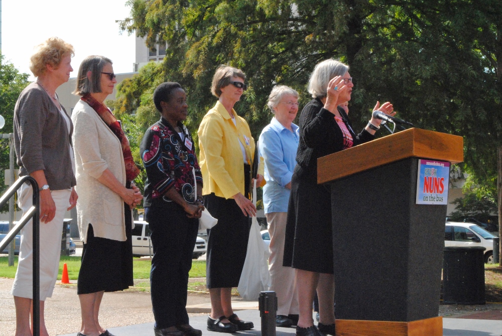 The sisters who will join Social Service Sr. Simone Campbell, right, on the first leg of the bus tour: Presentation Sr. Irma Ries, Dominican Sr. Bernardine Karge, Notre Dame de Namur Sr. Eucharia Madueke, School Sister of Notre Dame Sr. Judith Best and Dominican Sr. Margaret McGuirk. (GSR photo / Dawn Cherie Araujo)