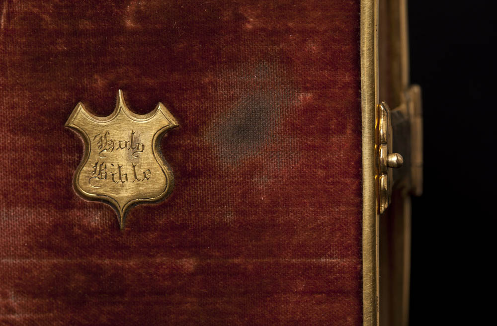 Shown is a detail from the cover of the Lincoln Bible. The velvet-covered Bible was used when Abraham Lincoln was sworn in as president of the United States in 1861. (CNS/Nancy Wiechec)