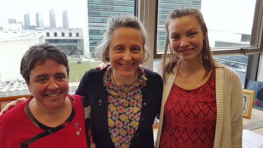 From left: Mercy Sr. Angela Reed, Sr. Áine O'Connor and Amanda Lyons, advocacy officer for Franciscans International, at the Mercy International Association office at the Church Center for the United Nations in New York. All three are involved in the work of the NGO Mining Working Group. (GSR/Chris Herlinger)