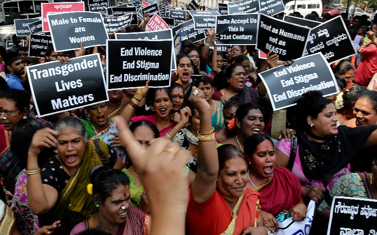 Members of the LGBT community hold placards during a protest rally in Bangalore, India, Oct. 21, 2016. The church in India's Kerala state has formed a group of priests, nuns and laypeople to respond to the pastoral needs of transgender people. (CNS photo/Jagadeesh Nv, EPA)