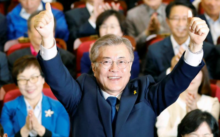 South Korean President-elect Moon Jae-in celebrates in Seoul after declaring victory May 9 in the South Korean presidential election. He was sworn in May 10. (CNS/Kim Hong-Ji, Reuters)