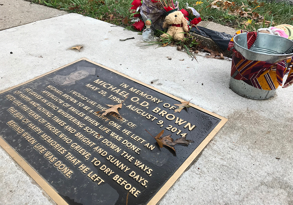 A memorial near the spot where Michael Brown was killed in Ferguson, Missouri., is seen in October 2017. The unarmed teen was shot and killed Aug. 9, 2014, by a white police officer. (GSR photo / Dawn Araujo-Hawkins, Global Sisters Report)