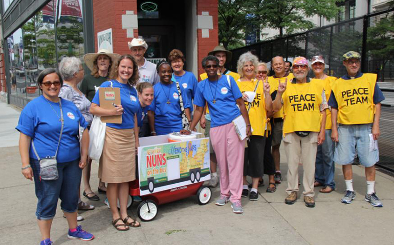 Some of the Nuns on the Bus and their "Peace Team" with the wagon for Lemonade Ministry (Jennifer Wong/Courtesy of NETWORK)