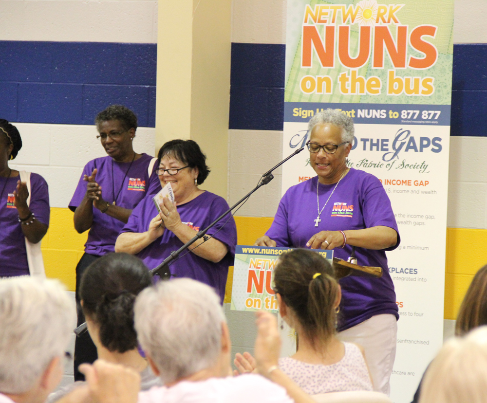 Sr. Larretta Rivera-Williams speaks at the Nuns on the Bus caucus July 17 at St. Leo the Great School in Cleveland, Ohio. (Jennifer Wong / Courtesy of NETWORK)