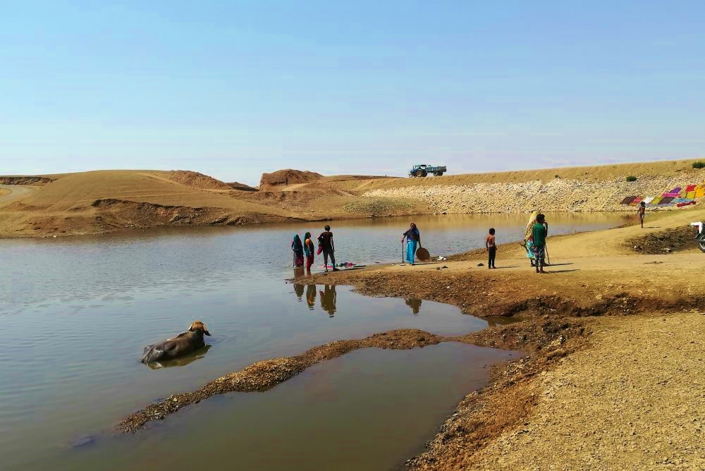 People and animals bathe in the pool created by an old check dam repaired with government support through an initiative of the Holy Spirit Sisters in Goeka Pargi village, Banswara district in Rajasthan state. (Saji Thomas)