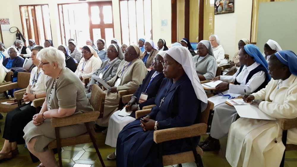 A gathering of superiors general listens to Sr. Licia Puthuparambil in Nairobi, Kenya. (Provided photo)