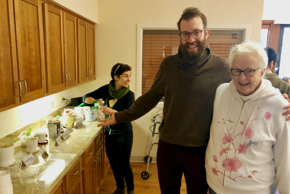 David Bronstein, a millennial participating in the Nuns and Nones residency program, with Mercy Sr. Marguerite Buchanan at an ice cream social at Mercy Center in Burlingame, California (Provided photo)