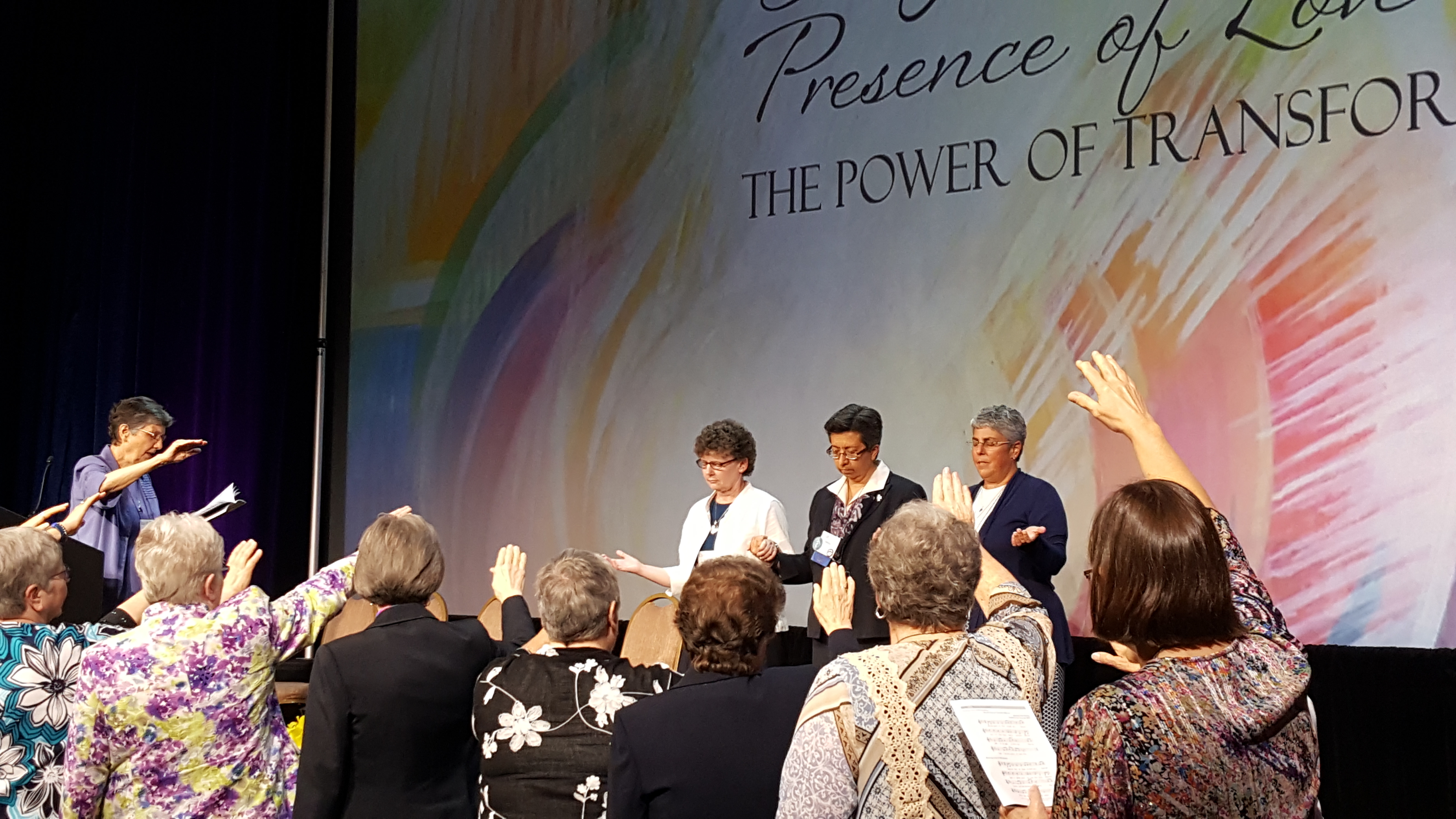 Blessing of the new leadership team. From left: Holy Cross of Notre Dame Sr. Sharlet Wagner, president-elect; Sister of Charity of the Incarnate Word Teresa Maya, president; St. Joseph Sr. Mary Pellegrino, past-president. (GSR photo/Gail DeGeorge)