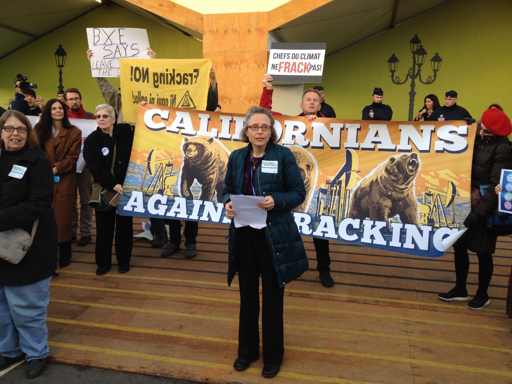 Mercy Sr. Áine O'Conner, coordinator of Mercy Global Action at the United Nations, spoke at a demonstration against fracking. (Elise D. Garcia)