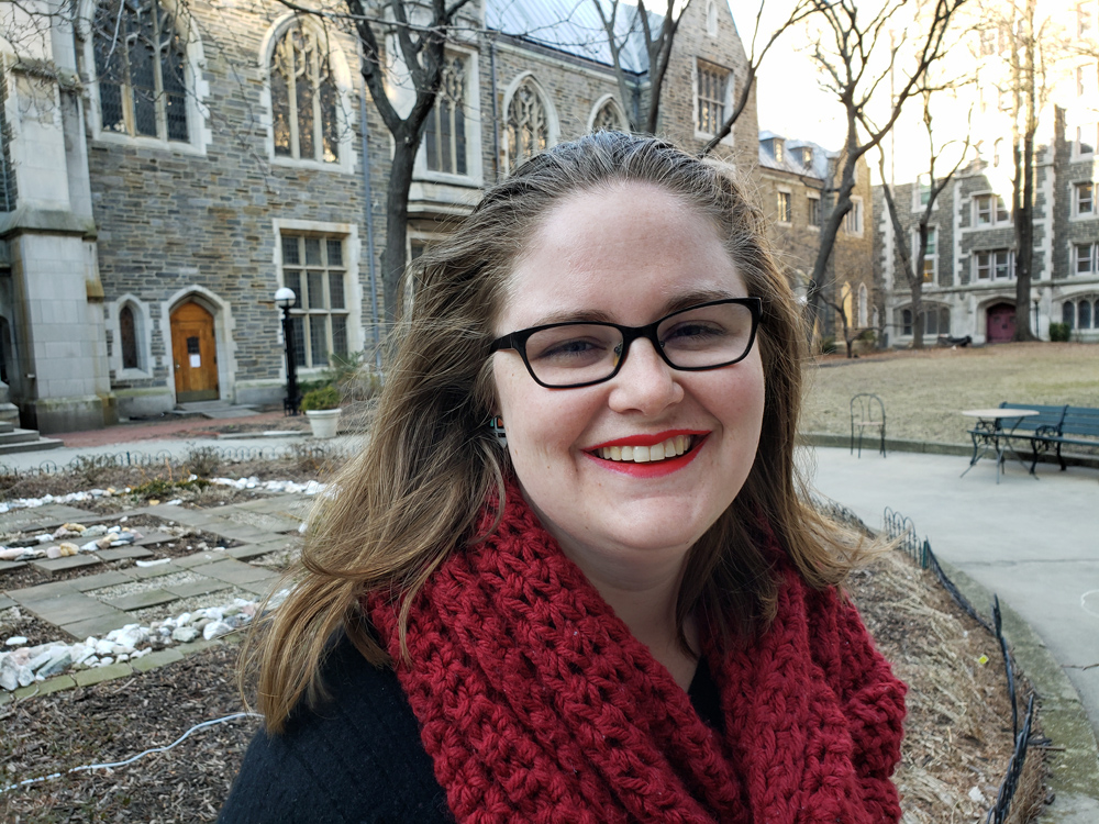 Allison Connelly, a first-year Master of Divinity student at Union Theological Seminary in New York City, in the campus' quadrangle. Connelly, 25, identifies as a queer woman and says her sexual and gender identity are integral to how she relates to God. (GSR photo / Chris Herlinger)