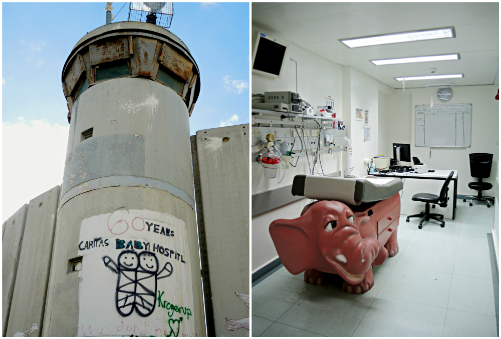 Left: The Caritas Baby Hospital sign painted onto a guard tower in the separation barrier. Right: A pediatric examination room at the Caritas Baby Hospital in Bethlehem. (GSR photos / Melanie Lidman)