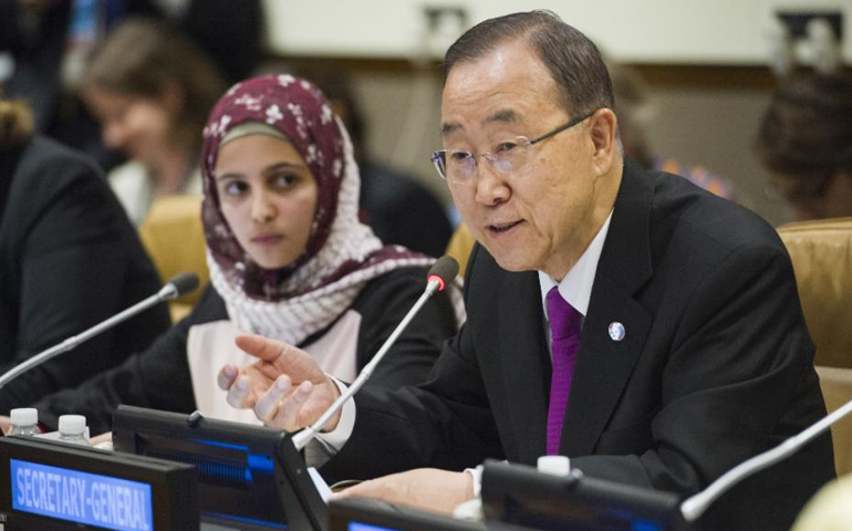 U.N. Secretary-General Ban Ki-moon, right, speaks at the U.N. Summit for Refugees and Migrants on Sept. 19. At his side is Muzoon Almellehan, a young Syrian refugee recently resettled in Newcastle, United Kingdom. (U.N. photo)