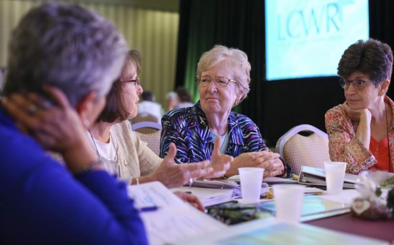 Franciscan Sr. Pat Farrell, right, is seen with other women religious in Atlanta Aug. 10 during the 2016 assembly of the Leadership Conference of Women Religious. (CNS/Michael Alexander, Georgia Bulletin)