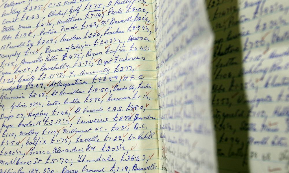 A ledger from the Hyde Park Magdalene Laundry showing payments for services is seen on display during a "Magdalene Survivors Together" news conference in Dublin Feb. 5, 2013. (CNS / Reuters / Cathal McNaughton)