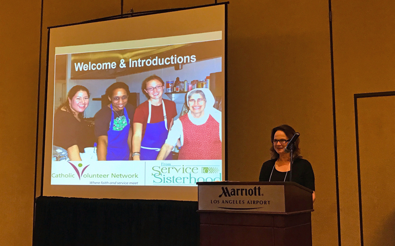Carol Lackie, the Sisters Initiative Coordinator at the Catholic Volunteer Network, addresses the attendees of the From Service to Sisterhood pre-conference in Los Angeles on Nov. 10. (Courtesy of St. Joseph Sr. Judy Molosky)