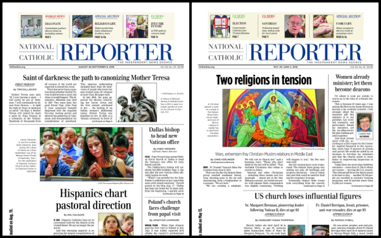 The front pages of two award-winning issues of the National Catholic Reporter