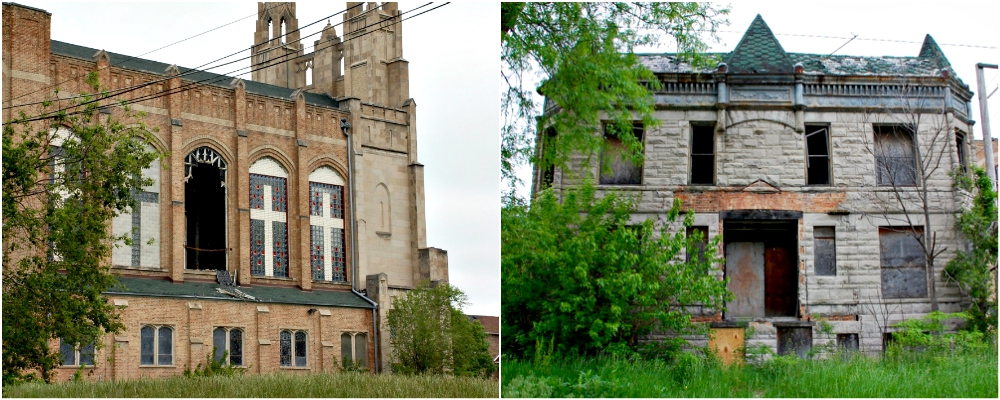 From left: The former Beloved Community Christian Church and a once-beautiful home sit empty in Chicago's Englewood neighborhood. (GSR photos / Dan Stockman)