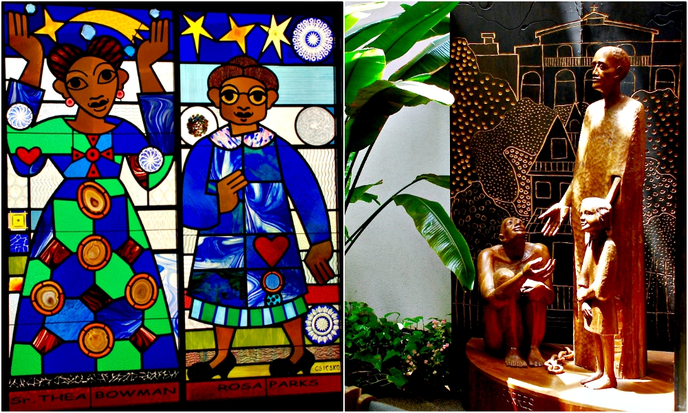Left: St. Benedict the African Catholic Church includes stained-glass windows of Sr. Thea Bowman and Rosa Parks. Right: A statue of St. Martin de Porres at St. Benedict the African Catholic Church. (GSR photos / Dan Stockman)