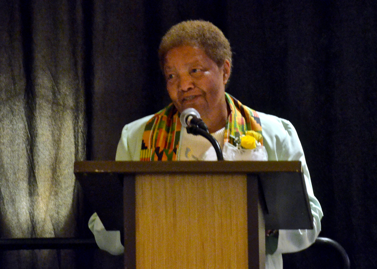 Sr. Thelma Marie Mitchell thanks the National Black Sisters Conference for naming her its 2018 Harriet Tubman Award recipient, Aug 1, 2018, in New Orleans. (Dan Stockman)