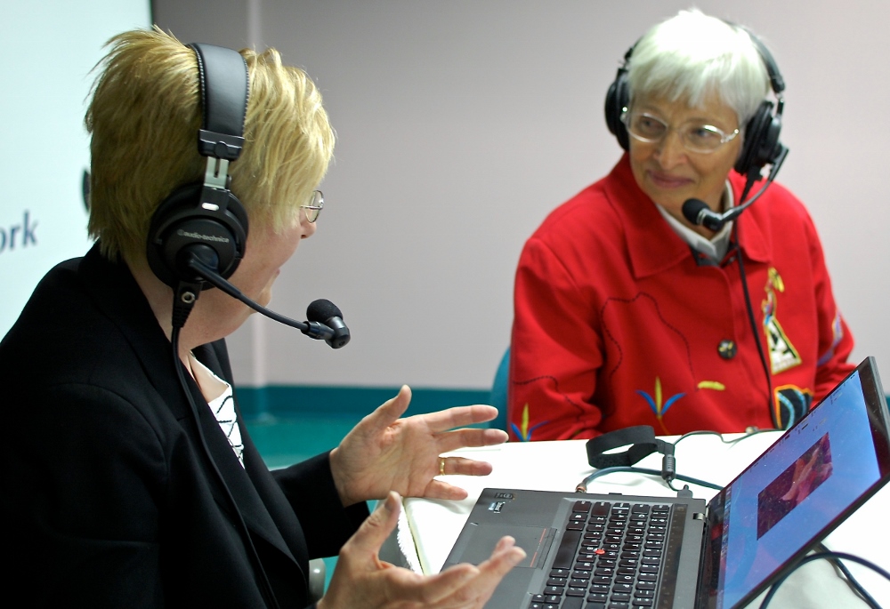 Immaculate Heart of Mary Sr. Maxine Kollasch speaks to Benedictine Sr. Mary Luke Jones during a soundcheck for the Motherhouse Road Trip podcast. (Dan Stockman)