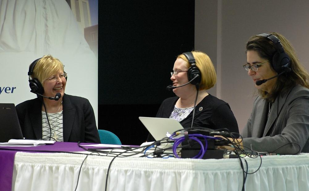 Immaculate Heart of Mary Sr. Maxine Kollasch, Benedictine Sr. Heather Jean Foltz, and Immaculate Heart of Mary Sr. Julie Vieira record a podcast for A Nun's Life Ministry at the Our Lady of Grace Benedictine Monastery in Beech Grove, Indiana, Nov. 14, 2014. (Dan Stockman).