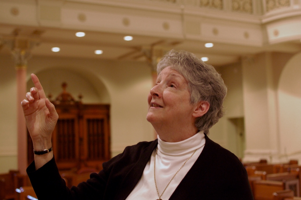 Benedictine Sr. Rosemary Dauby points out the features of the church at Immaculate Conception Monastery in Ferdinand, Indiana. (GSR photo / Dan Stockman)
