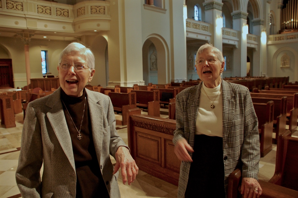 Twin sisters Sr. Mary Carmel Spayd, left, and Sr. Mary Carmen Spayd, both Benedictines, talk about living at Immaculate Conception Monastery in Ferdinand, Indiana. (GSR photo / Dan Stockman)